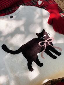 Comfortcana Women's Cartoon Cat Print Crew Neck Long Sleeve Casual T-Shirt - White - View 8
