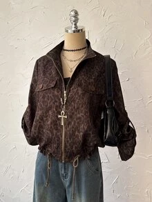 Attitoon Women's Leopard Print Zipper Casual Daily Long Sleeve Jacket - Brown - View 3