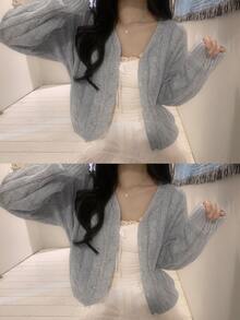 DAZY Solid Color Loose V-Neck Long Sleeve Casual Vacation Korean Style Autumn/Winter Knit Sweater For Women - Grey - View 7