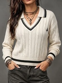 SHEIN Loose Fit Versatile College Style Contrast Color Lapel Long Sleeve Pullover - Apricot - View 4