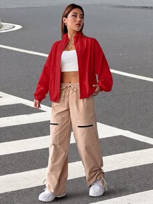 SHEIN EZwear 秋冬款拉鍊落肩夾克 - 紅色 - 查看 3