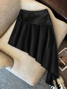 SHEIN EZwear Maillard 高端性感優雅風 不對稱拼接緞面緞帶裙 黑色 秋冬約會派對新年款 - 黑色 - 查看 2