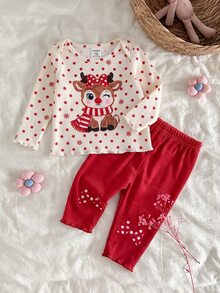 SHEIN 兒童新生兒可愛卡通圖案長袖居家服套裝 - 紅色 - 查看 4