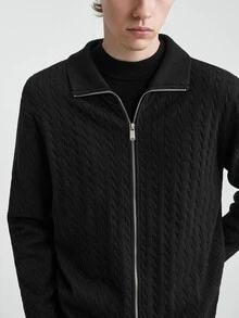 RONVEXI Men's Solid Color Long Sleeve Zip-Up Knit Cardigan - Black - View 7