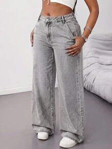 SHEIN Tall CURVE 大尺碼時尚街頭風鈕扣口袋寬鬆牛仔褲 - 淺灰色 - 查看 8