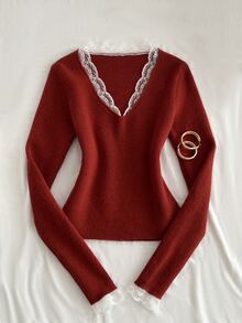Elamini Women's Autumn/Winter Lazy Fashion Versatile Vintage Lace Button Sweater For Daily Commute And Party - Burgundy - View 1