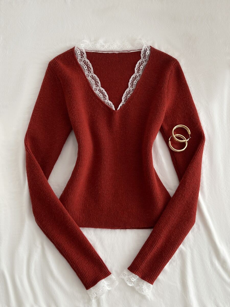 Elamini Women's Autumn/Winter Lazy Fashion Versatile Vintage Lace Button Sweater For Daily Commute And Party - Burgundy - View 1