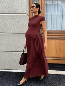 MaterniWear 孕婦純色舒適簡約洋裝，適合約會、度假、派對、日常穿著、聚會、戶外活動 - 酒紅色 - 查看 6