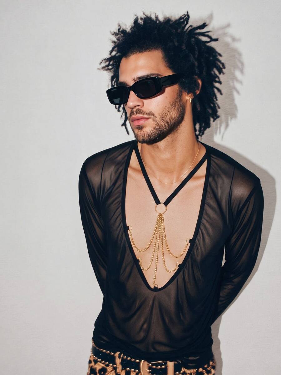 DSELFIQUE Men's Solid Color Mesh Deep V-Neck Long Sleeve Sexy T-Shirt - Black - View 1