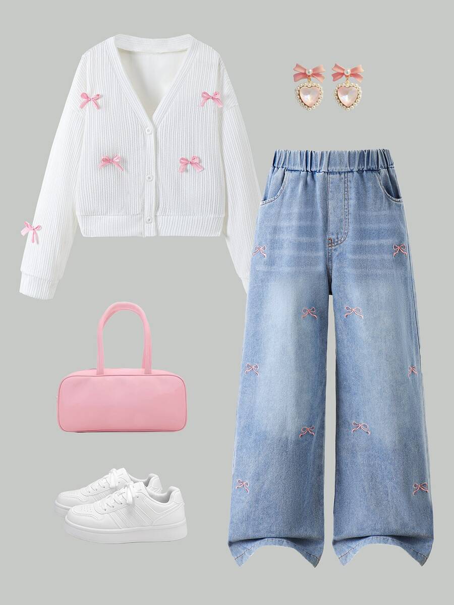 SHEIN 2件組女童秋冬返校套裝 8-12歲 粉色與白色 粉色時尚休閒可愛 3D蝴蝶結裝飾 V領長袖外套 寬鬆長褲 - 藍色 - 查看 1