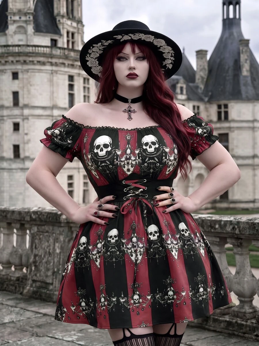 Whyspr Gaun Ukuran Plus Terbaru untuk Halloween, Model A-Line dengan Motif Tengkorak, Bahu Terbuka, Patchwork Renda, dan Potongan Pinggang yang Mengencangkan. - MultiWarna - View 1