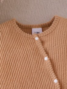 SHEIN 新生兒女嬰 3件組 秋冬長袖連身包屁衣 羅紋針織 可愛熊圖案 前開扣式連身衣 - 彩色 - 查看 3