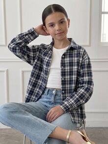 Dazy Kids 格紋長袖休閒寬鬆日常春秋女童襯衫 - 藏蓝色 - 查看 1