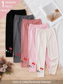 Souflis Souflis 1件隨機款女童四季通用打底褲，甜美可愛蝴蝶結與小貓印花，百搭柔軟舒適羅紋針織打底褲 - 彩色 - 查看 3