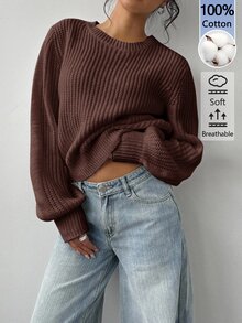 SHEIN BASICS 女款純色圓領長袖休閒寬鬆百搭針織衫 - 咖啡棕 - 查看 5