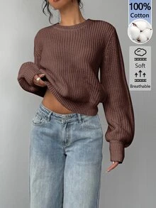 SHEIN BASICS 女款純色圓領長袖休閒寬鬆百搭針織衫 - 咖啡棕 - 查看 3