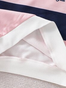 SHEIN Vintaside Kids 女童幼兒長袖運動衫與羅紋內搭褲套裝，春秋休閒可愛日常穿著，學院風拼色羅紋運動衫與長褲2件套，時尚字母印花運動服，兒童戶外休閒套裝 - 藏蓝色 - 查看 7
