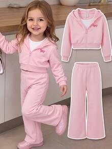 SHEIN Baby Girl Bow Embroidery Pattern Hooded Sweatshirt And Autumn Pants Casual Daily Outfit - Pink - View 1