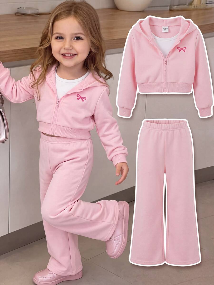 SHEIN Baby Girl Bow Embroidery Pattern Hooded Sweatshirt And Autumn Pants Casual Daily Outfit - Pink - View 1
