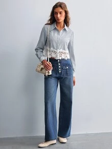 Willow Rêve Women's Blue Striped Embroidered Hem Short Blouse - Blue and White - View 6