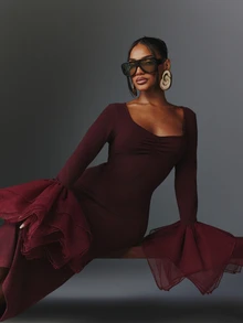 NYA SZN Dress Midi Scoop Neck Long Sleeve Mesh Church Holiday Festival Special Occasion Everyday Casual Work Concert Going Out Club Party Maroon Fall Winter - Purple - View 4