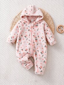SHEIN 新生兒男嬰/女嬰可愛秋冬休閒白色毛茸茸卡通熊圖案連帽連身衣居家服 - 淺粉色 - 查看 8