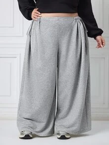 SHEIN CURVE+ Plus Size Women's Solid Color Side Waist Knot Wide Leg Pants, Casual Versatile All-Match Style For Autumn/Winter, Suitable For Daily Wear - Grey - View 8