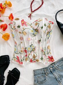 Soleia 女款大尺碼透視刺繡抹胸上衣 - 白色 - 查看 3