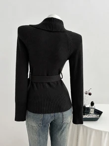 Elamini Sexy Style Deep Brown Oversized Collar Cross Waist Tie Women's Sweater - Black - View 2