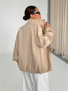 StreetHx Zip-Up White Sports Jacket With Stripe Trim Decor - Khaki - View 2