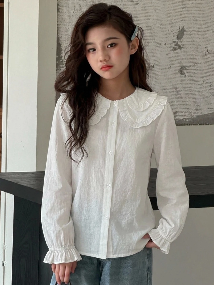 Dazy Kids Tween女孩秋季服飾 蕾絲娃娃臉泡泡袖長袖甜美襯衫 - 白色 - 查看 1