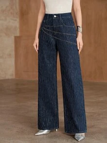 Anewsta Women's Loose Wide Leg Casual Denim Jeans With Pocket And Rhinestone - Dark Wash - View 7