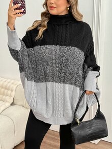 SHEIN CURVE+ كنزة نسائية مقاس كبير بألوان متباينة كاجوال للاستخدام اليومي بأكمام طويلة - متعدد الألوان - مشاهدة 6