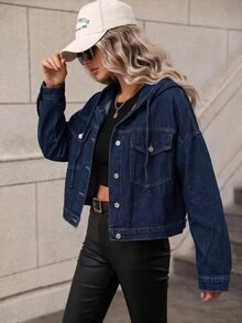 SHEIN Frenchy 女款單排扣休閒日常長袖牛仔夾克 - 中等水洗藍 - 查看 4
