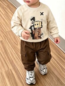 Genkimix Kids 2件組小男孩休閒運動學院風街頭卡通角色印花衛衣＋長褲，適合日常穿著、上學、外出、運動，春秋款，簡約優雅設計，舒適時尚，男孩衣櫥的實用風格之選 - 卡其色 - 查看 8