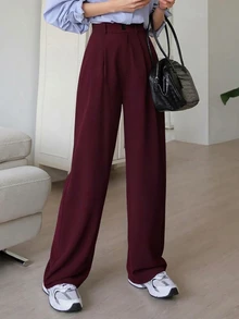 DAZY 女款純色直筒口袋長褲，極簡百搭通勤西裝褲 - 咖啡棕 - 查看 2