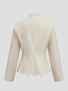 LUMIGAL / Women New Chinese Style Wool Blend Jacket, Stand Collar Frog Buttons Slim Fit Short Coat, Wave Hem - Beige - View 7
