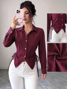 SHEIN Elenzya 女款純色百褶休閒日常穿著襯衫 - 酒紅色 - 查看 1