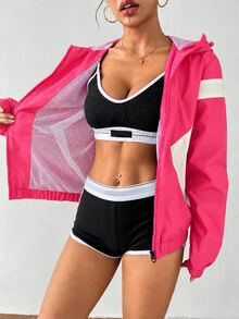 Exploreva Exploreva Women's Striped Colorblock Zip-Up Hooded Sports Jacket - Watermelon Pink - View 5