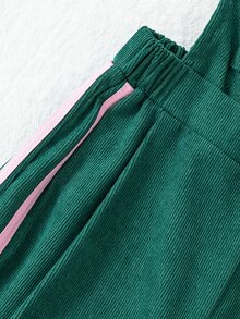 Girls Corduroy Overalls, Cute Bow Ribbon Side Stripe Wide Leg Jumpsuit Autumn Winter Pants - Green - View 5