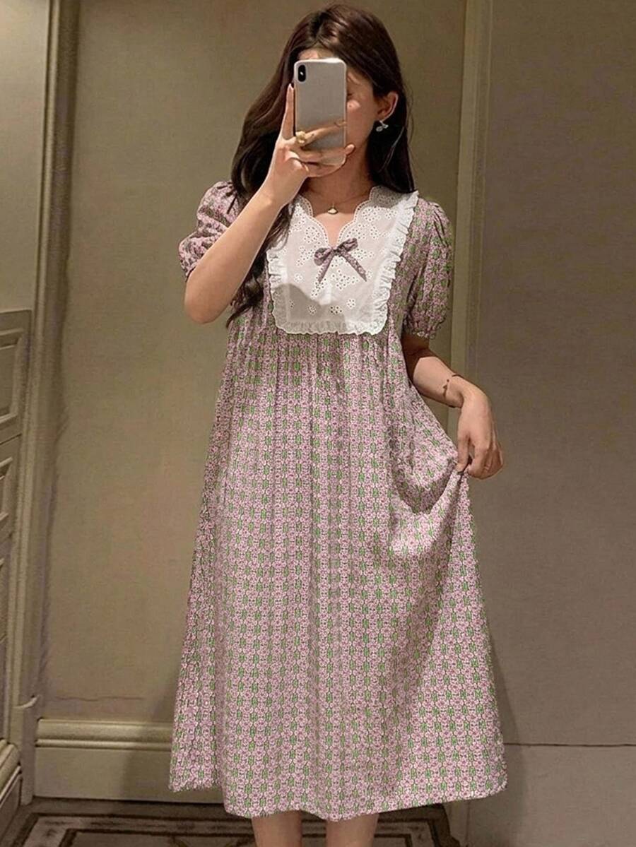 DAZY Patterned All-Over Print Short Sleeve Loose Mid-Length Petal Sleeve Lace Patchwork Summer Dress Nightgown For Women - Pink - View 1
