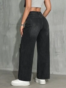 SHEIN PETITE 女款高腰口袋磨損直筒寬鬆休閒牛仔褲 - 黑色 - 查看 2
