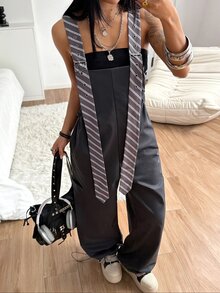 StreetHx High Street Tie Strap Overall Jumpsuit For Women, Spring/Autumn New Style, Large Pockets, Cargo Style, Loose Drape Wide Leg One-Piece - Dark Grey - View 6