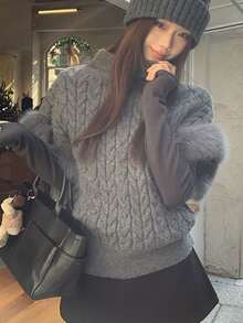 DAZY Women's Grey High Neck Cable Knit Textured Fleece Cuff Patchwork Loose Short Long Sleeve Sweater - Grey - View 4