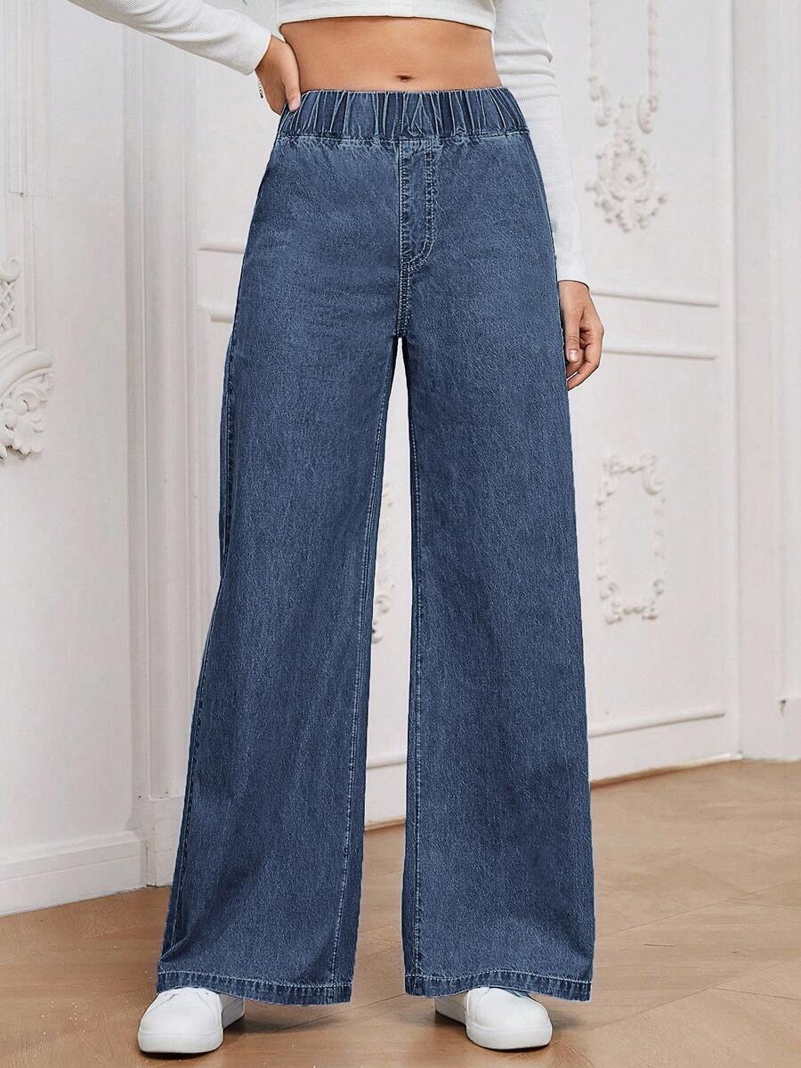 SHEIN Essnce 女款彈性腰休閒日常牛仔褲 - 中等水洗藍 - 查看 1