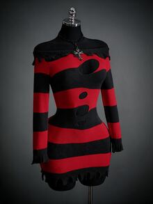 SHEIN ICON Gaun Rajut Kasual Wanita dengan Bahu Asimetris dan Kombinasi Warna, Kostum Halloween untuk Wanita - Merah dan hitam - View 7