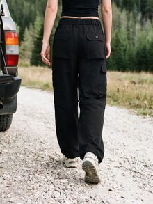WanderVale Women's Solid Color Pocket Casual Daily Outdoor Long Pants - Black - View 2