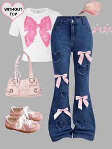 SHEIN Girlism 兒童青少年女孩腰部鈕扣設計 3D 蝴蝶結裝飾愛心刺繡時尚喇叭牛仔褲 - 深色水洗藍 - 查看 5