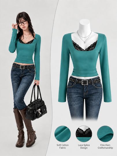 Elamini Autumn/Winter New Lace Patchwork Deep U-Neck Long Sleeve T-Shirt, Sexy Fitted Base Top, Y2K Street Style Hot Girl Outfit Women's Undershirt