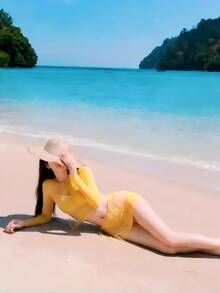 Livesso Set Bikini Halter Warna Polos Wanita dengan Penutup Lengan Panjang dan Rok, Perlindungan Matahari Musim Panas - Kuning - View 8